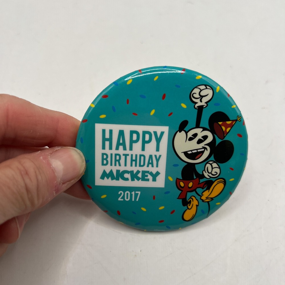 Disney Parks Happy Birthday Mickey 2017 Button Pin Teal Blue Collectible